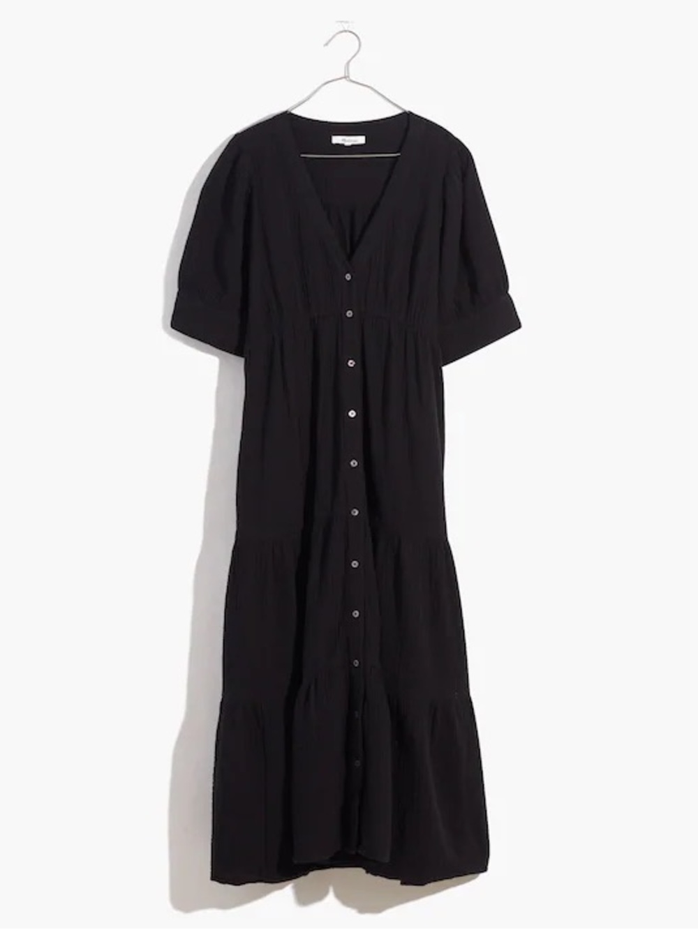 Madewell Lightspun Button-Front Tiered Midi Dress V‑Neck